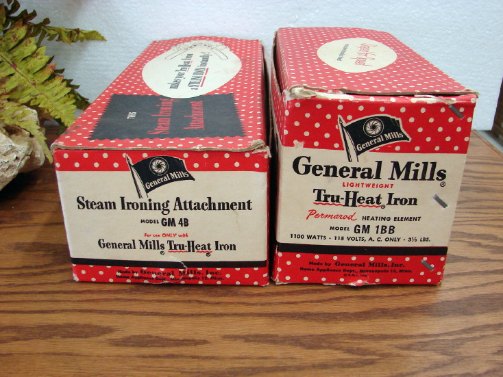 Antique General Mills Vintage Tru-Heat Iron and Steam Attachment Original Boxes, Moose-R-Us.Com Log Cabin Decor