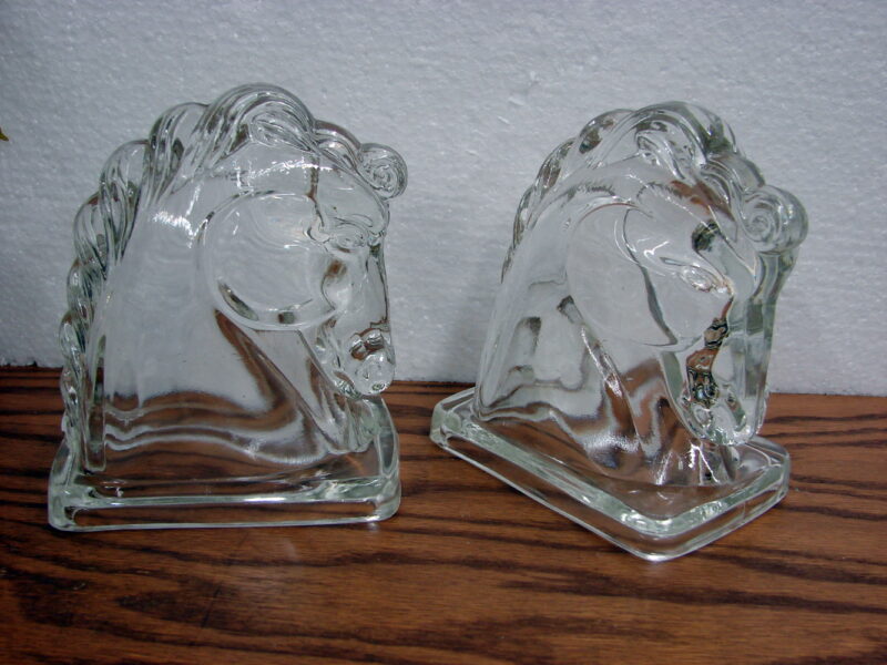 Pair of Vintage Federal Glass Horse Head Bookends or Clear Glass Candy Containers, Moose-R-Us.Com Log Cabin Decor