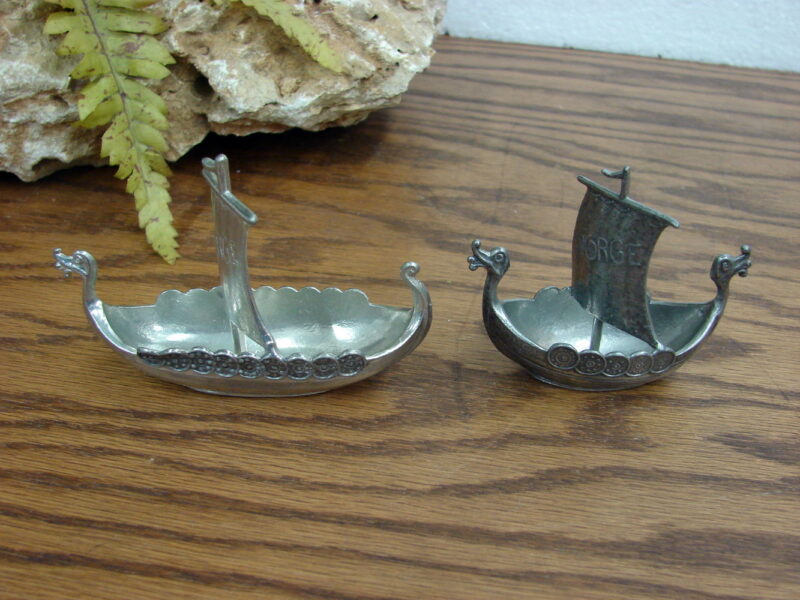 Two Vintage Norge Handstopt Tinn Pewter Norwegian Viking Ship, Moose-R-Us.Com Log Cabin Decor