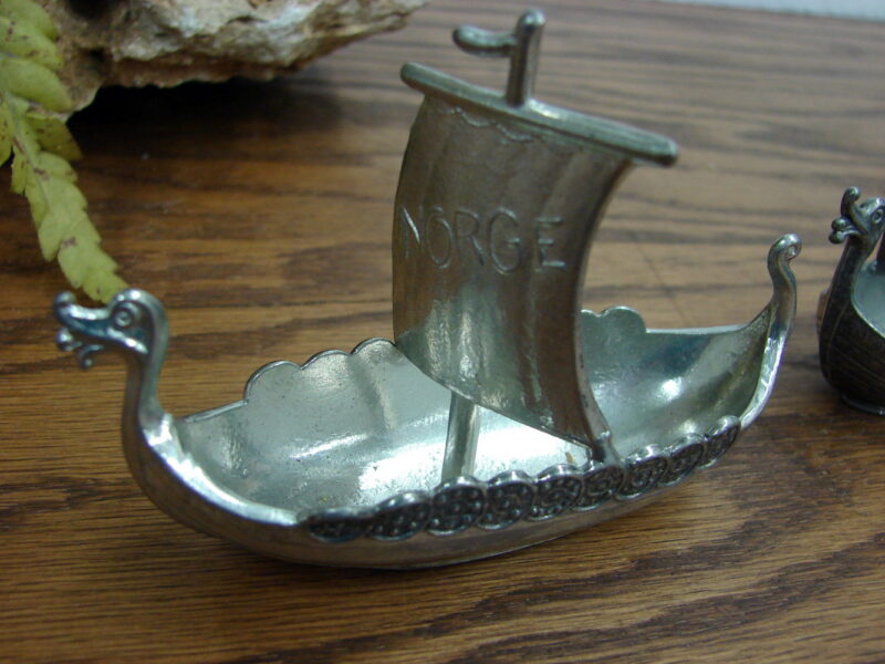 Two Vintage Norge Handstopt Tinn Pewter Norwegian Viking Ship, Moose-R-Us.Com Log Cabin Decor