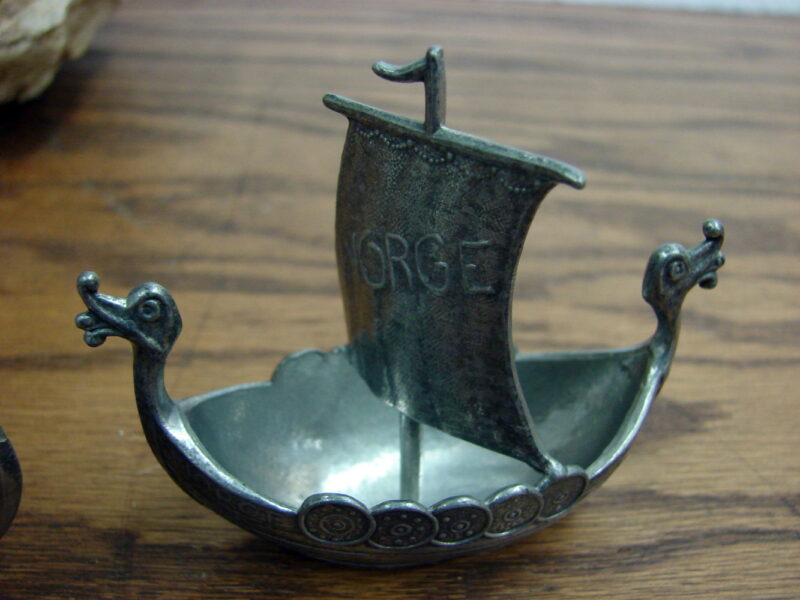 Two Vintage Norge Handstopt Tinn Pewter Norwegian Viking Ship, Moose-R-Us.Com Log Cabin Decor