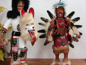 Vintage Native American Indian Kachina White Wolf War Dance Wood Carved Figurines