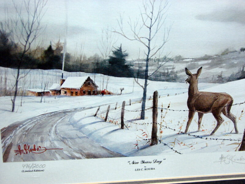 Les Kouba Framed Matted New Years Day Limited Edition Winter Deer, Moose-R-Us.Com Log Cabin Decor