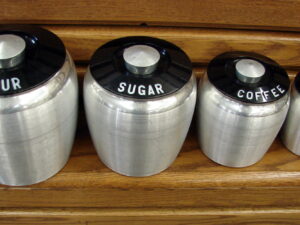 Vintage 1950's Kromex 4 Canister Spun Aluminum Flour Sugar Coffee Tea Retro Kitchen Set