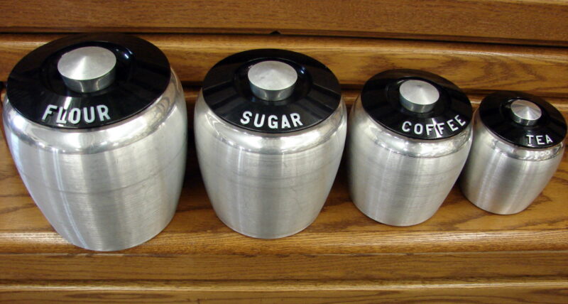 Vintage 1950&#8217;s Kromex 4 Canister Spun Aluminum Flour Sugar Coffee Tea Retro Kitchen Set, Moose-R-Us.Com Log Cabin Decor