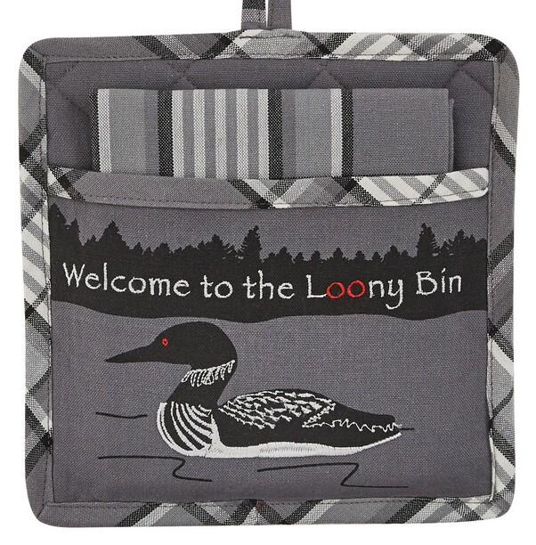PD Dish Towel Pot Holder Set Embroidered Welcome to the Looney Bin Loon Potholder, Moose-R-Us.Com Log Cabin Decor