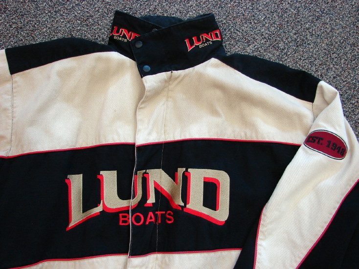 Vintage Lund Boats Embroidered Logo Cotton Lined Jacket Dealer Guide Promotional, Moose-R-Us.Com Log Cabin Decor
