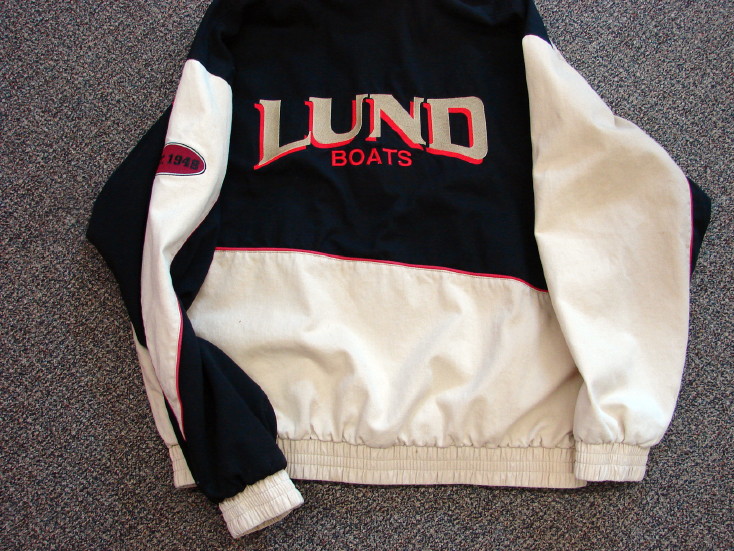Vintage Lund Boats Embroidered Logo Cotton Lined Jacket Dealer Guide Promotional, Moose-R-Us.Com Log Cabin Decor