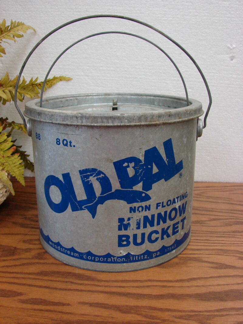 Vintage Galvanized Old Pal Blue Graphics Non Floating 8 Qt Minnow Bait Bucket, Moose-R-Us.Com Log Cabin Decor