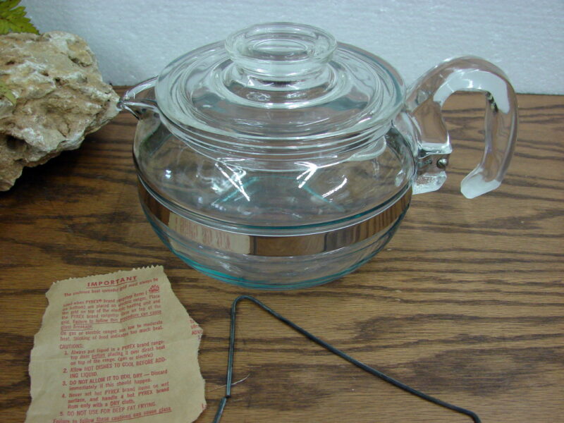 Vintage PYREX 8446 Flameware Glass Stainless 6 Cup Teapot Tea Pot, Moose-R-Us.Com Log Cabin Decor