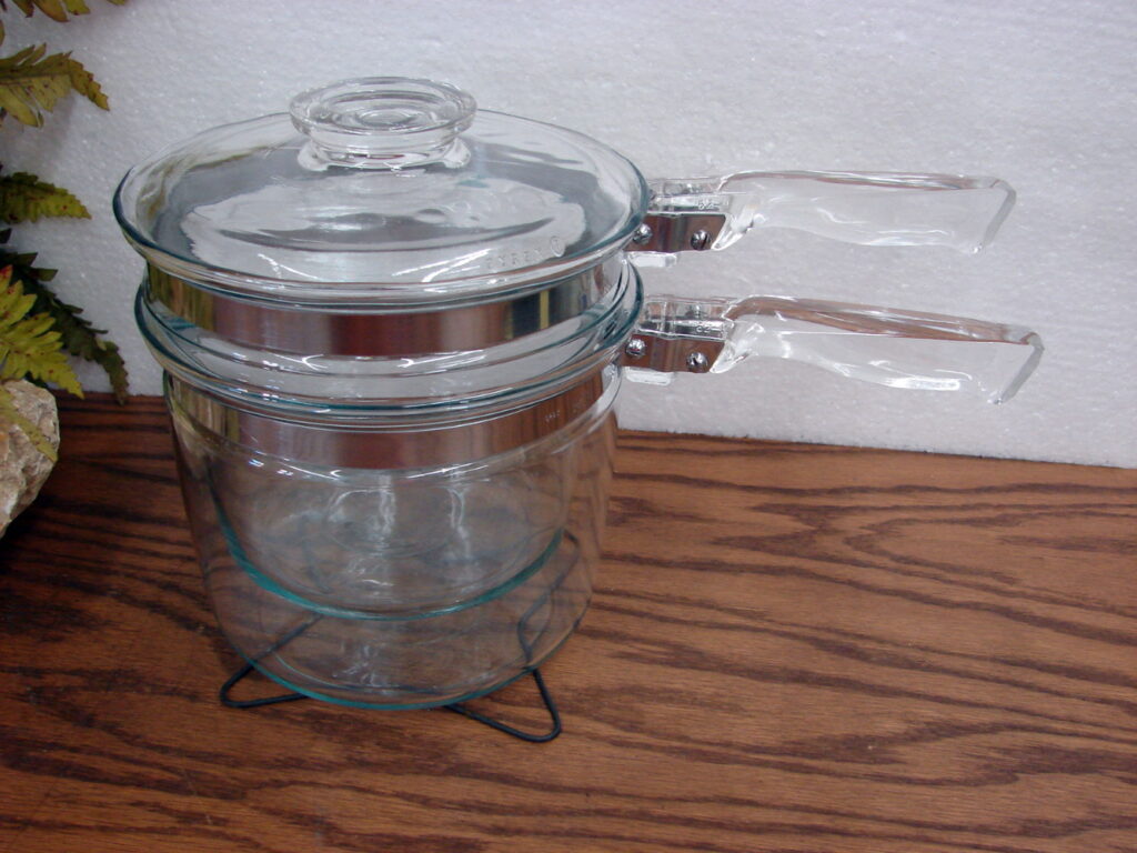 Vintage PYREX Flameware Blue Clear Glass Double Boiler Pot Complete