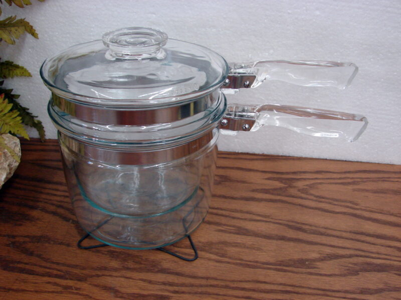 Vintage PYREX Flameware Blue Clear Glass Double Boiler Pot Complete, Moose-R-Us.Com Log Cabin Decor