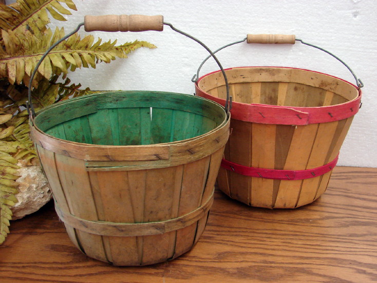 Vintage Split Wood Slat Woven Bushel Basket Gathering Apple Display Bail Handle Pair, Moose-R-Us.Com Log Cabin Decor