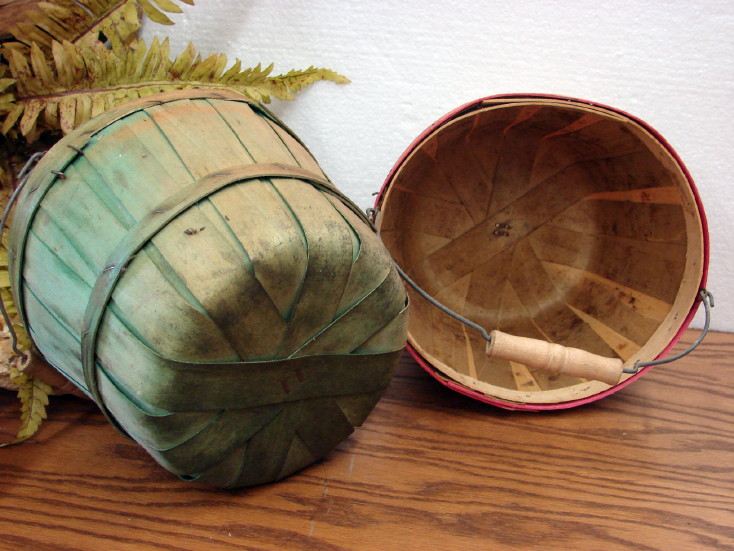 Vintage Split Wood Slat Woven Bushel Basket Gathering Apple Display Bail Handle Pair, Moose-R-Us.Com Log Cabin Decor