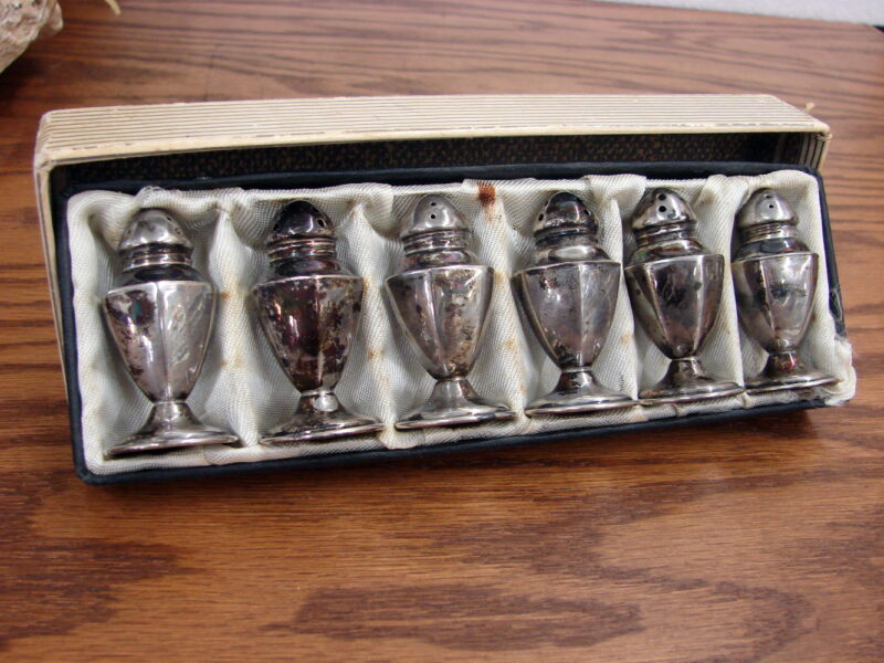 Vintage Sterling Individual Salt Pepper Shakers in Original Box, Moose-R-Us.Com Log Cabin Decor