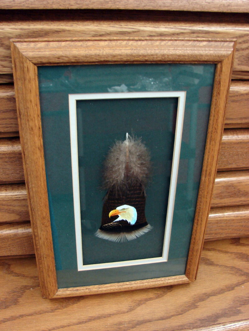Hand Painted Bald Eagle Head on Wild Turkey Feather Framed Gorgeous, Moose-R-Us.Com Log Cabin Decor