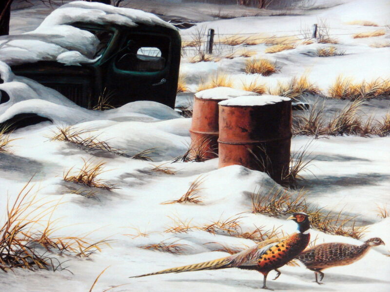 Jim Hansel Artwork Winter Retreat Pheasant Wild Game Old Truck Framed Matted Picture, Moose-R-Us.Com Log Cabin Decor