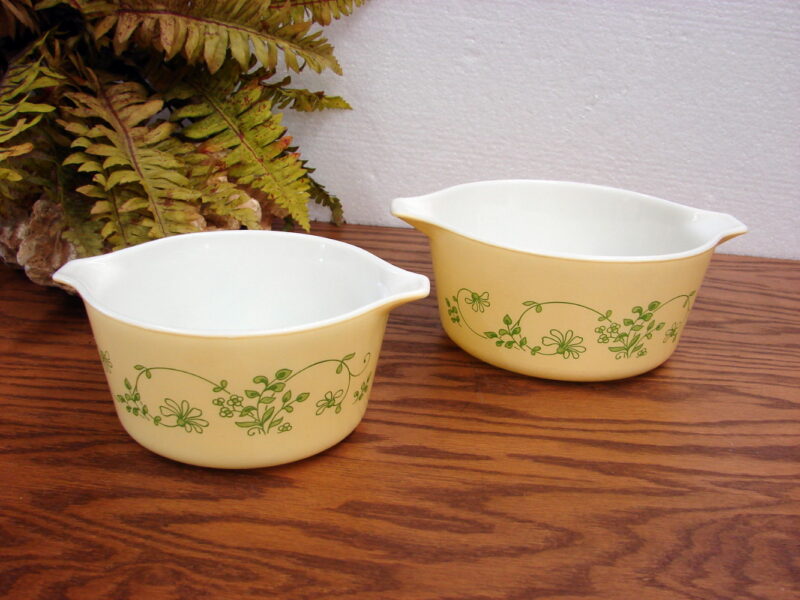 Vintage Pyrex Shenandoah Yellow Green Flower VIne 2 Pc Casserole Mixing Bowl 473 474, Moose-R-Us.Com Log Cabin Decor