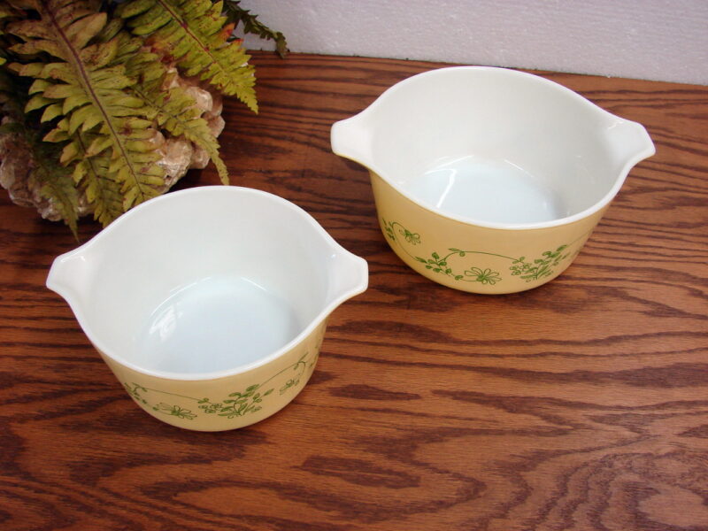Vintage Pyrex Shenandoah Yellow Green Flower VIne 2 Pc Casserole Mixing Bowl 473 474, Moose-R-Us.Com Log Cabin Decor