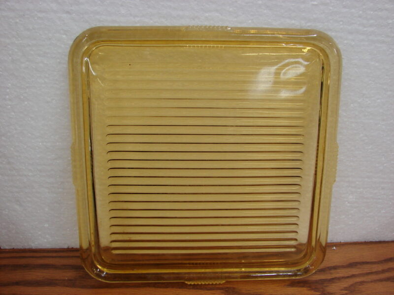Vintage Federal Glass Ribbed Yellow Refrigerator Box Square Lid 8 1/2&#8243;, Moose-R-Us.Com Log Cabin Decor