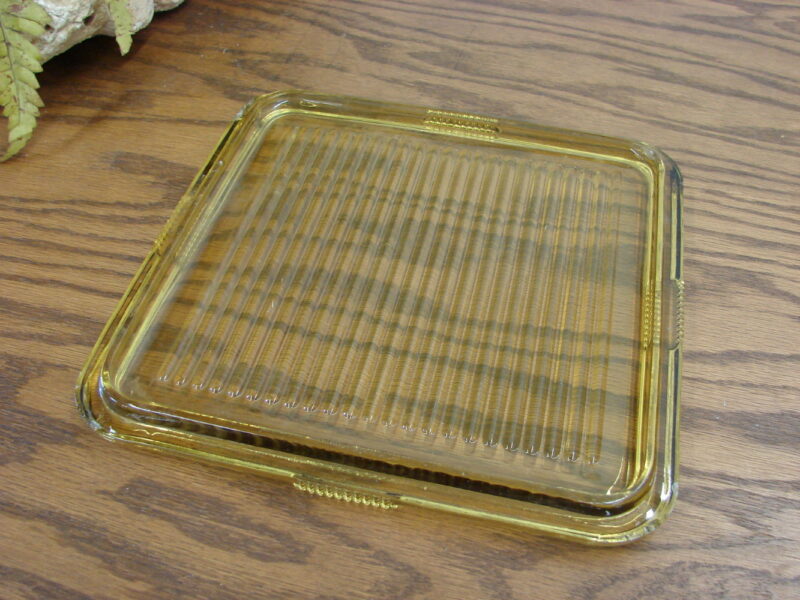 Vintage Federal Glass Ribbed Yellow Refrigerator Box Square Lid 8 1/2&#8243;, Moose-R-Us.Com Log Cabin Decor