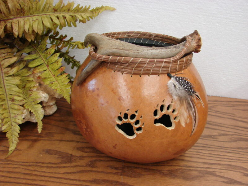 Real Gourd Carved Bear Paw Pine Needle Deer Antler Basket Hearth Arrangement, Moose-R-Us.Com Log Cabin Decor