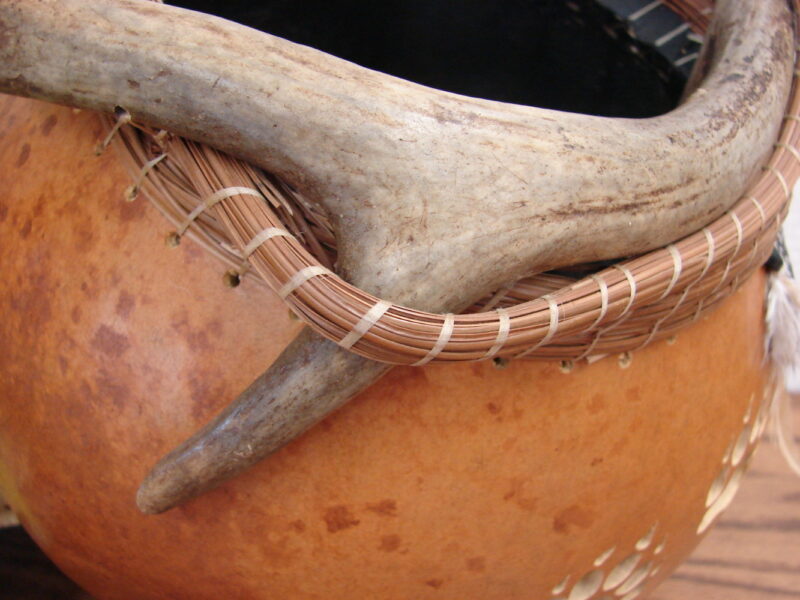 Real Gourd Carved Bear Paw Pine Needle Deer Antler Basket Hearth Arrangement, Moose-R-Us.Com Log Cabin Decor