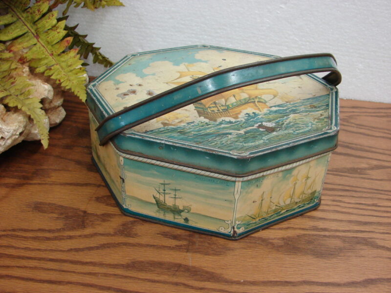 Vintage Loose Wiles Biscuit Sunshine Company Tin Tall Ships at Sea Octagon w/ lid, Moose-R-Us.Com Log Cabin Decor