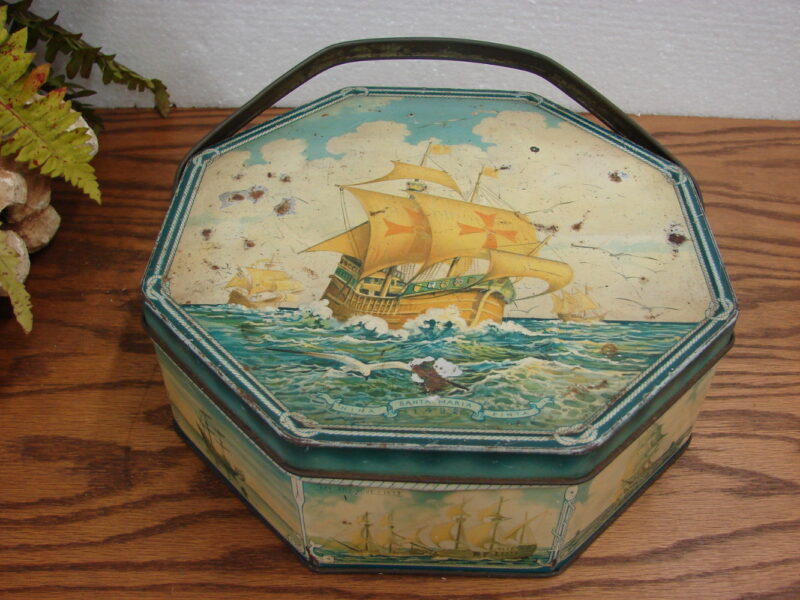 Vintage Loose Wiles Biscuit Sunshine Company Tin Tall Ships at Sea Octagon w/ lid, Moose-R-Us.Com Log Cabin Decor