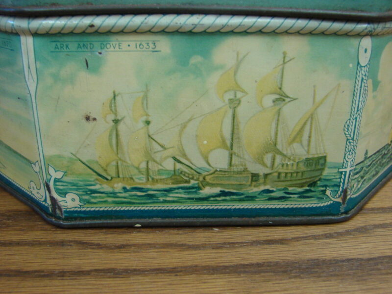 Vintage Loose Wiles Biscuit Sunshine Company Tin Tall Ships at Sea Octagon w/ lid, Moose-R-Us.Com Log Cabin Decor