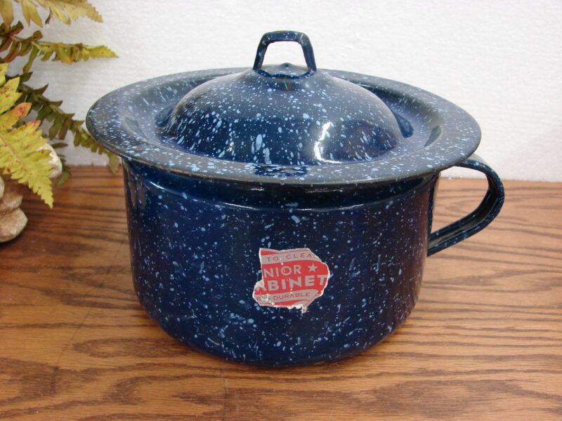 Vintage Dark Blue Splatter Enamelware Junior Combinet w/ Lid Label Chamber Slop Pail, Moose-R-Us.Com Log Cabin Decor