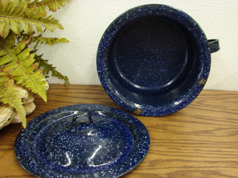 Vintage Dark Blue Splatter Enamelware Junior Combinet w/ Lid Label Chamber Slop Pail, Moose-R-Us.Com Log Cabin Decor