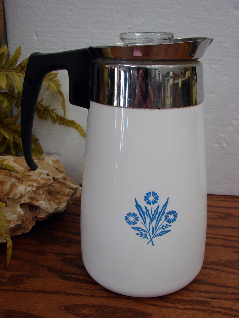 Complete Vintage Corning Ware 9 Cup Blue Cornflower Stove Top Coffee Pot Percolator Stained