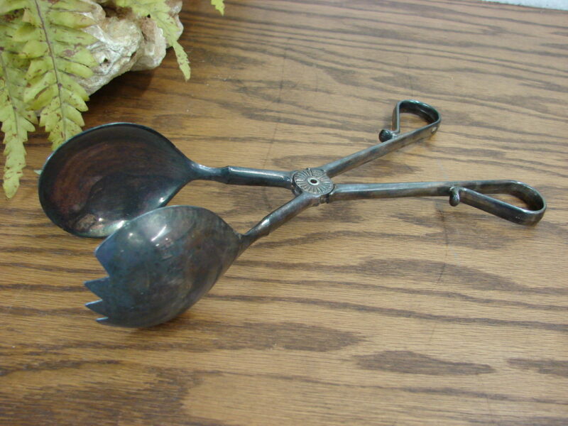 Vintage E.P. Zinc Silver Plate Italy Salad Tongs Scissor Style Hinged, Moose-R-Us.Com Log Cabin Decor