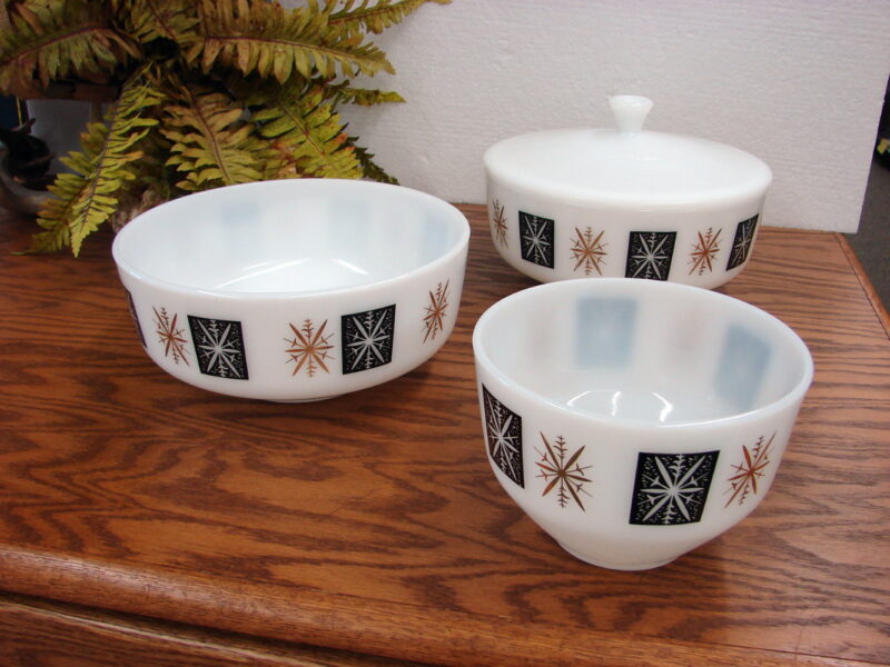 Vintage Federal Glass Company Atomic Starburst Snowflake 4 Pc Set, Moose-R-Us.Com Log Cabin Decor