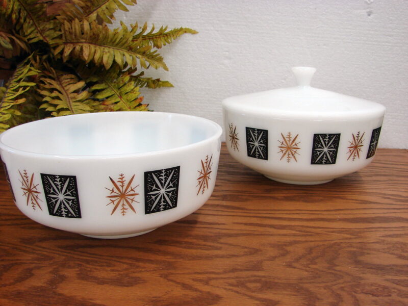 Vintage Federal Glass Company Atomic Starburst Snowflake 4 Pc Set, Moose-R-Us.Com Log Cabin Decor