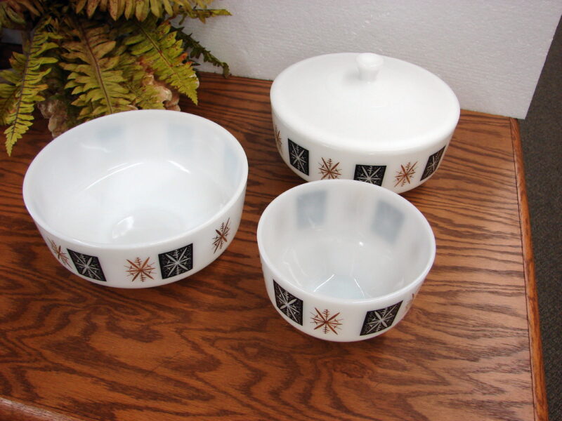 Vintage Federal Glass Company Atomic Starburst Snowflake 4 Pc Set, Moose-R-Us.Com Log Cabin Decor