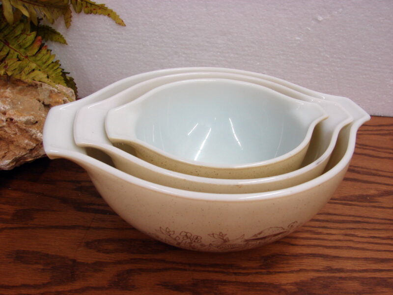 Vintage PYREX Forest Fancies Mushroom Nesting Mixing Bowl Casserole, Moose-R-Us.Com Log Cabin Decor