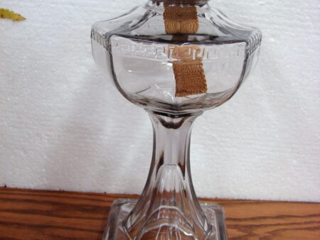 Antique Greek Key Pattern White Flamelight Co Glass Oil Lamp Tint Clear Glass