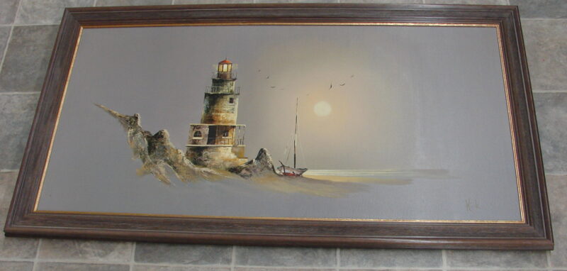 Vintage Huge Oil Painting Lighthouse Subtle Color Gorgeous Sunrise Mist, Moose-R-Us.Com Log Cabin Decor