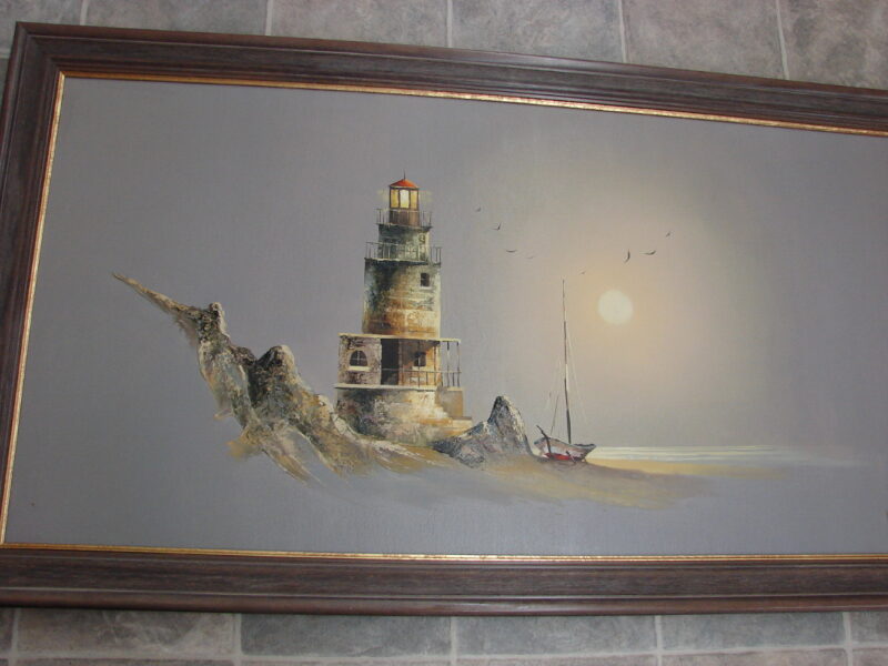 Vintage Huge Oil Painting Lighthouse Subtle Color Gorgeous Sunrise Mist, Moose-R-Us.Com Log Cabin Decor