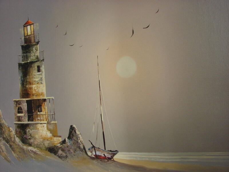 Vintage Huge Oil Painting Lighthouse Subtle Color Gorgeous Sunrise Mist, Moose-R-Us.Com Log Cabin Decor