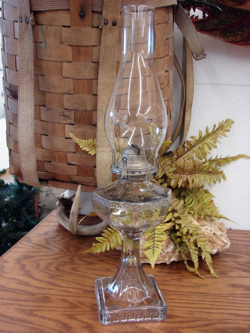 Antique Greek Key Pattern White Flamelight Co Glass Oil Lamp Tint Clear Glass, Moose-R-Us.Com Log Cabin Decor