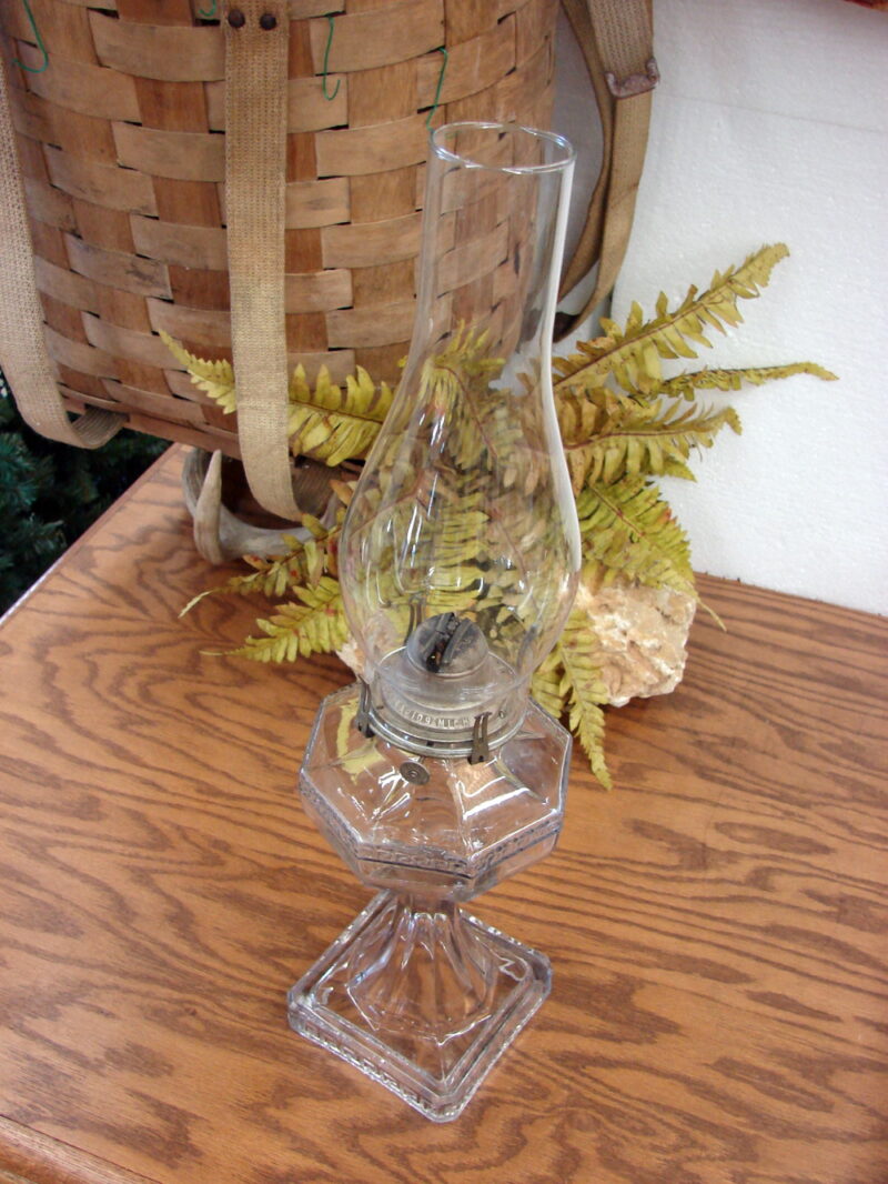 Antique Greek Key Pattern White Flamelight Co Glass Oil Lamp Tint Clear Glass, Moose-R-Us.Com Log Cabin Decor