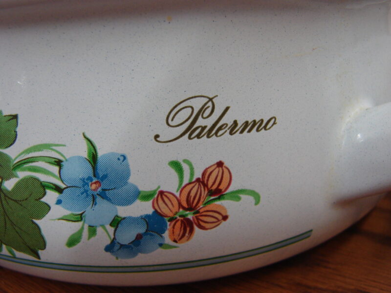 Unique Vintage Palerma Enamel Coated Pots Pans Lids Skillet Flowers, Moose-R-Us.Com Log Cabin Decor
