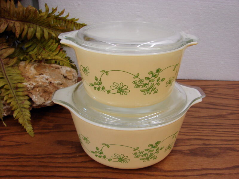 Vintage PYREX Shenandoah Yellow Green Flower Vine 4 Pc Casserole Mixing Bowl 473 474, Moose-R-Us.Com Log Cabin Decor