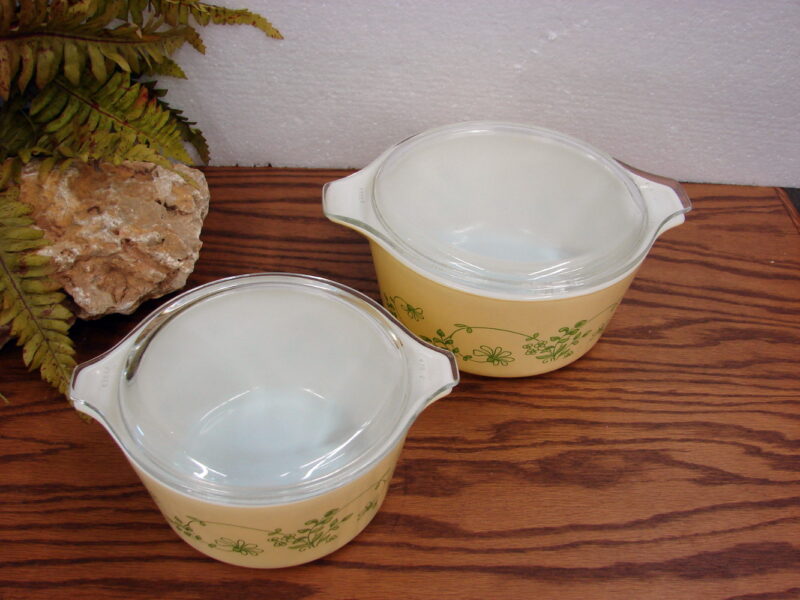 Vintage PYREX Shenandoah Yellow Green Flower Vine 4 Pc Casserole Mixing Bowl 473 474, Moose-R-Us.Com Log Cabin Decor