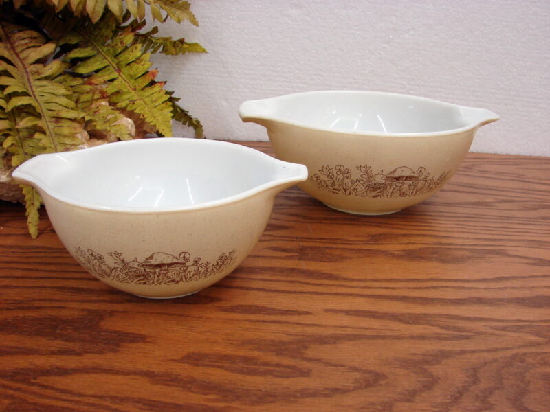 Vintage Pyrex Forest Fancies Mushroom 2 Pc Nesting Mixing Bowl Set 441,442, Moose-R-Us.Com Log Cabin Decor
