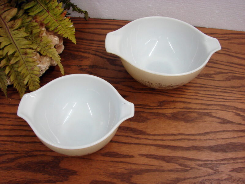 Vintage Pyrex Forest Fancies Mushroom 2 Pc Nesting Mixing Bowl Set 441,442, Moose-R-Us.Com Log Cabin Decor