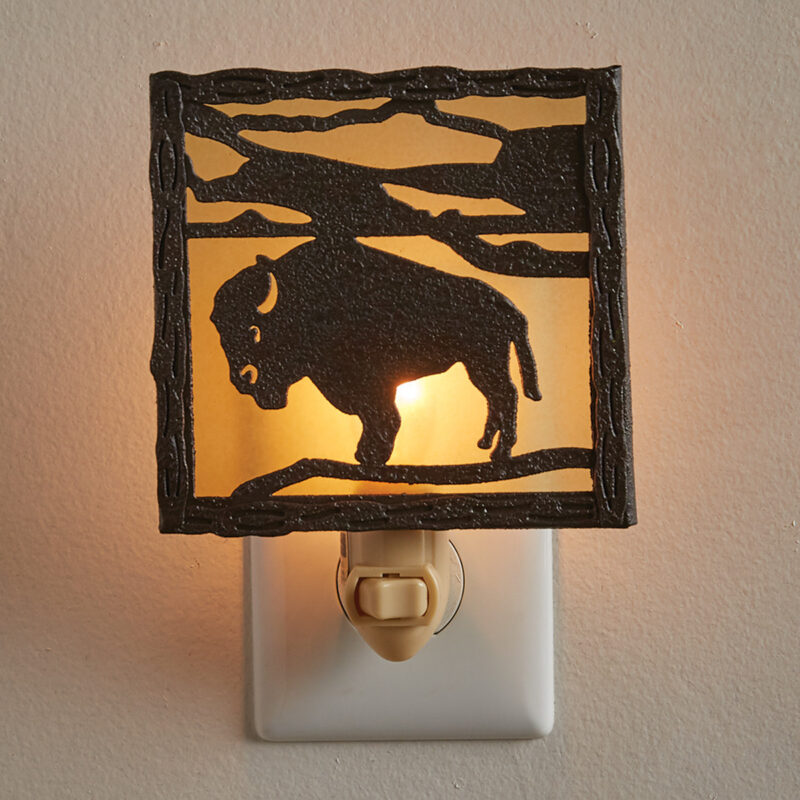 Glass Silhouette Buffalo Night Light Western Bison Nightlight, Moose-R-Us.Com Log Cabin Decor